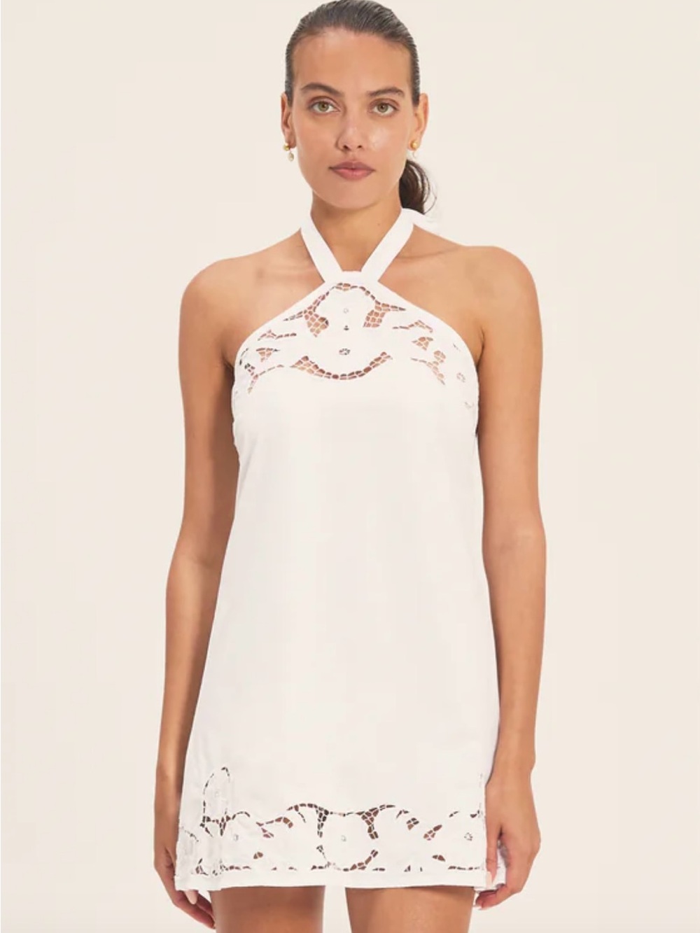 Jula Hartley Mekar White Halter Lace-Trim Mini Dress